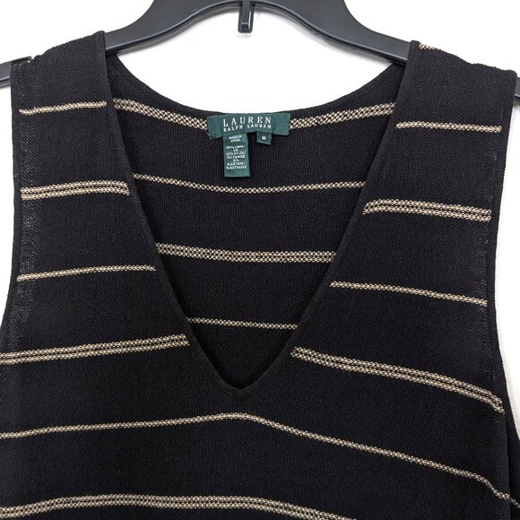 LAUREN RALPH LAUREN Dress M Black Tan Striped Linen Blend Classic Pullover - Picture 2 of 12
